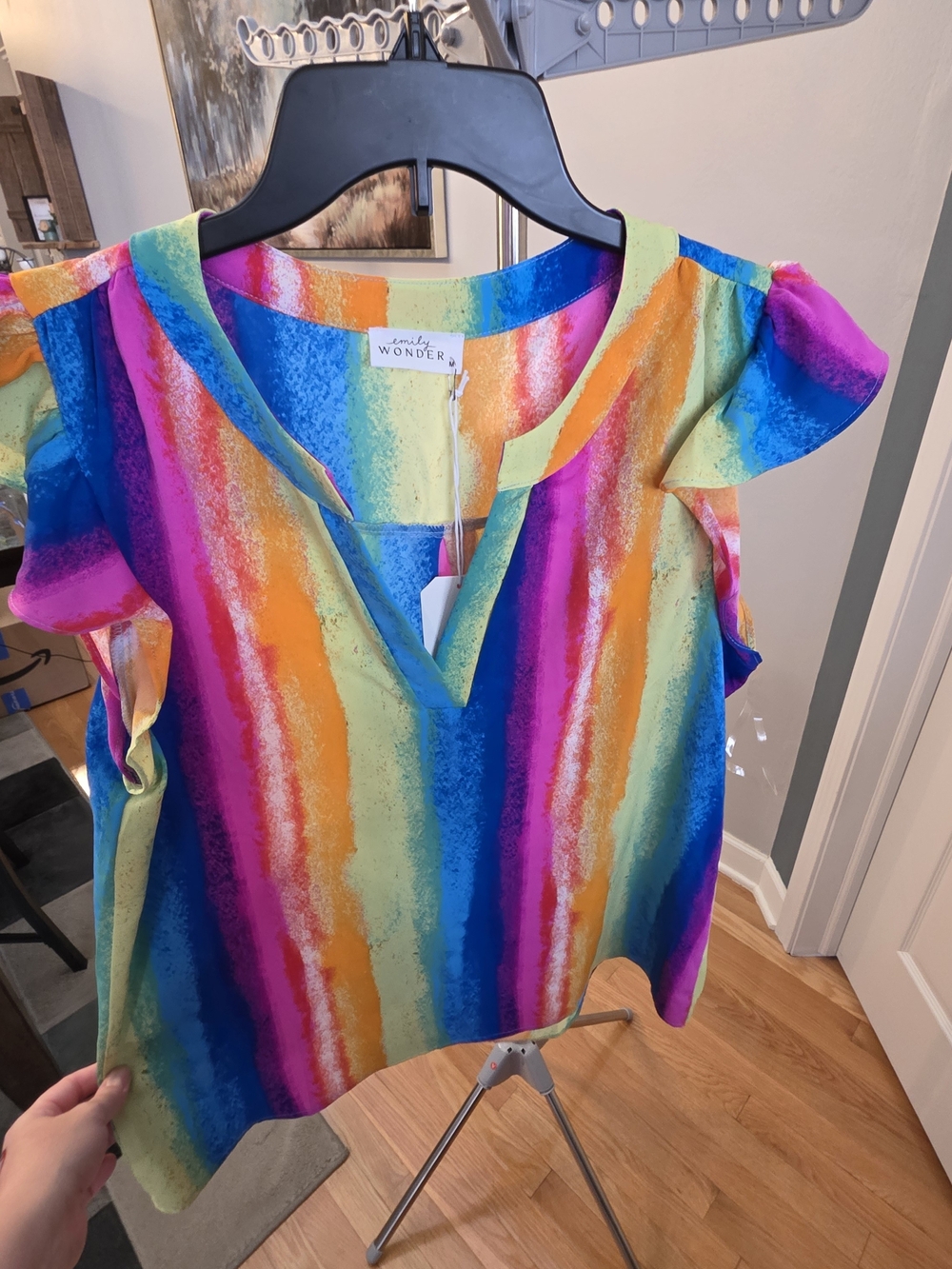 Vibrant Emily Wonder Rainbow Stripe Flutter Sleeve Top - Multicolor